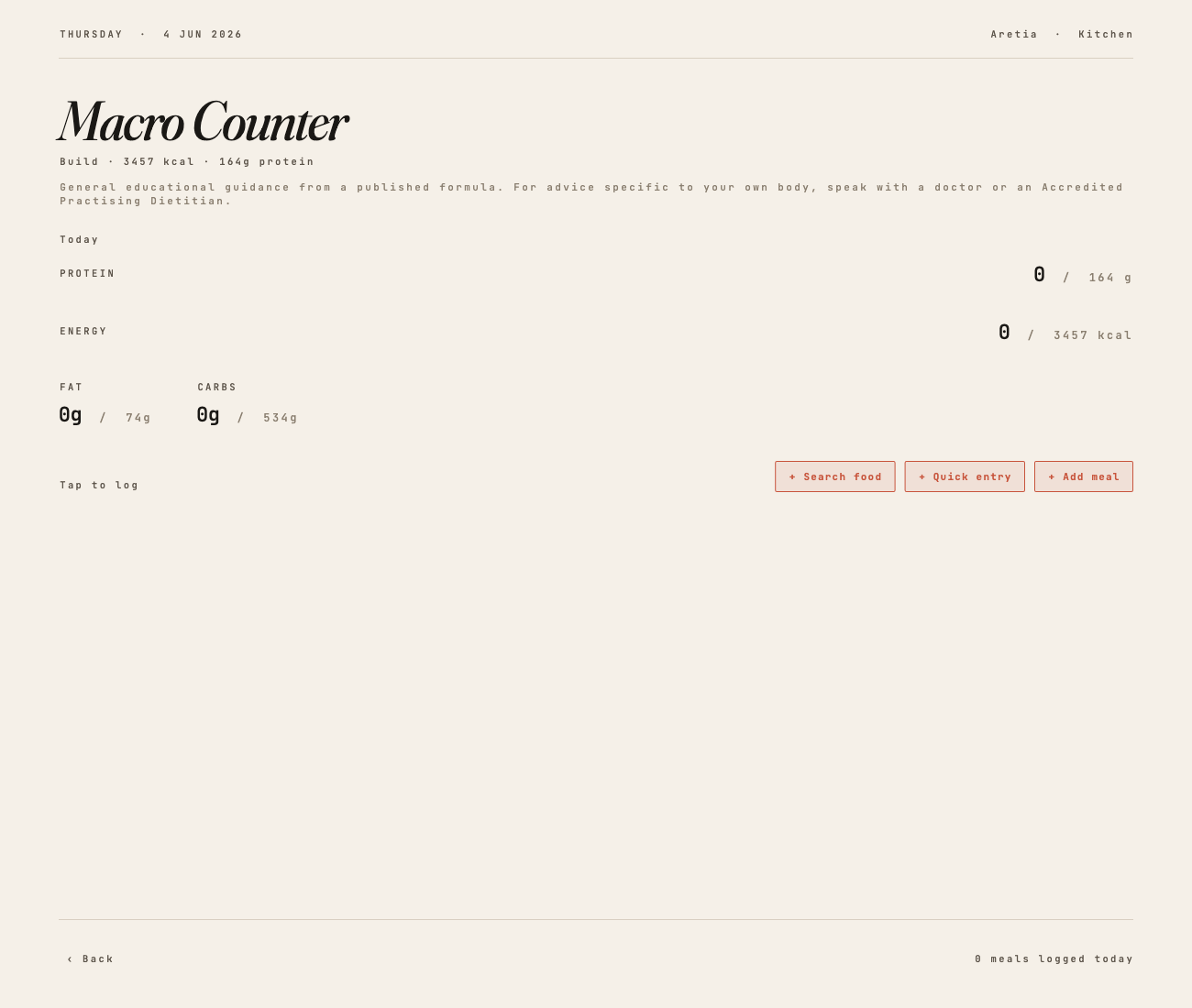 The Aretia macro counter: protein and energy targets with quick logging